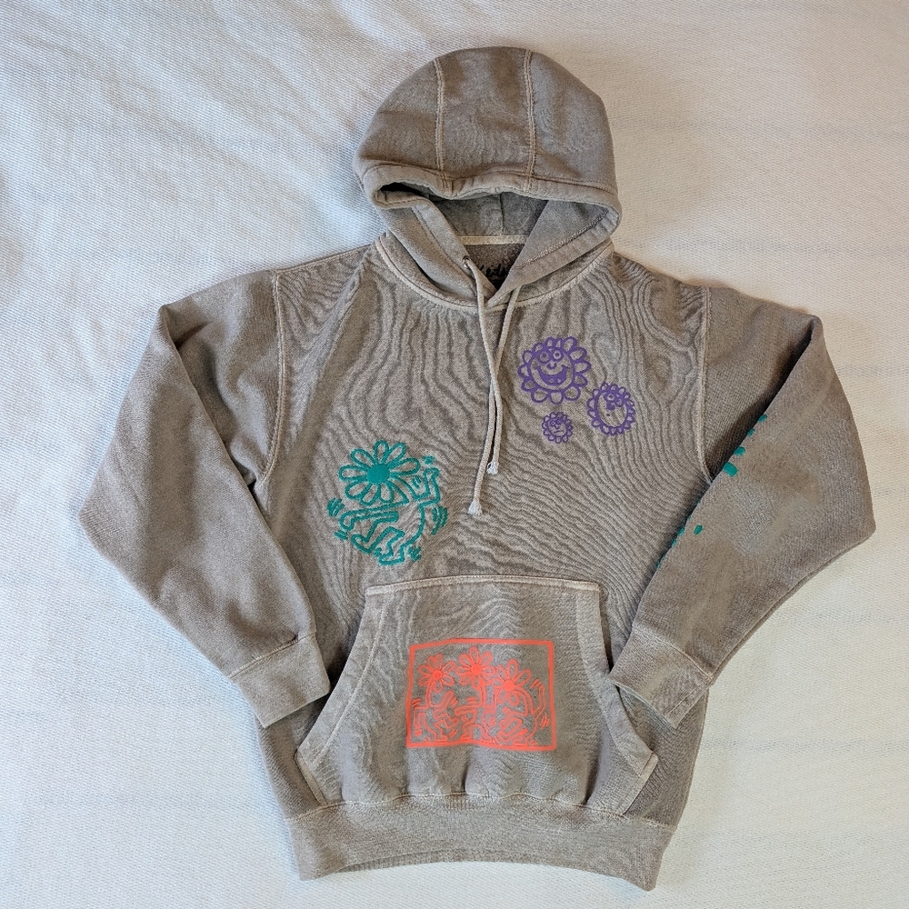 Keith Haring Beige Hoodie with Colorful Floral Graphics